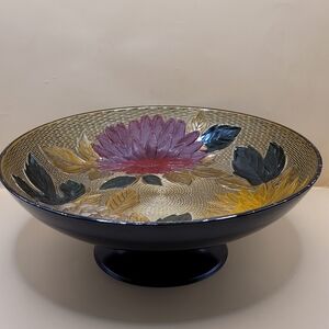 Vintage Nasco Lacquerware Textured Peony Pedestal Bowl Made In Japan 10"